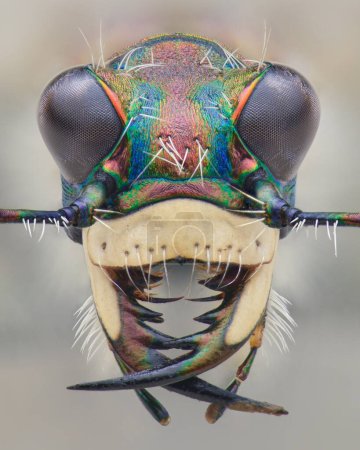 Photo for Symmetrical portrait of the head of a Dune Tiger Beetle isolated from the background (Cicindela maritima) - Royalty Free Image
