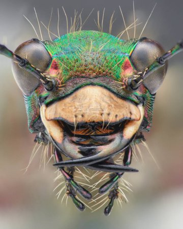 Photo for Portrait of a green tiger beetle with a pale brown labrum and large, brown eyes (Green Tiger Beetle, Cicindela campestris) - Royalty Free Image