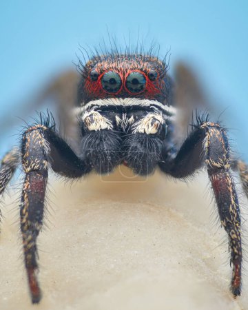 Photo for Portrait of a male jumping spider with a black head surrounded by a thin white band and red hair around the anterior eyes, set against a blue background (Pellenes tripunctatus) - Royalty Free Image