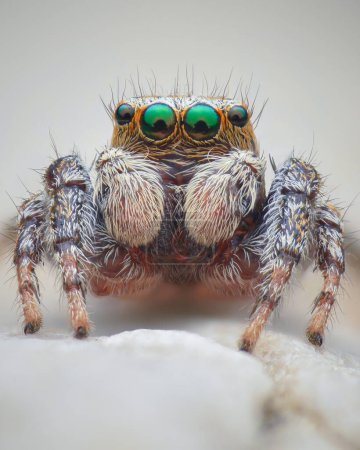 Téléchargez les photos : Portrait d'une araignée sauteuse brune aux yeux verts, debout sur un rocher sur une plage (Evarcha falcata) - en image libre de droit