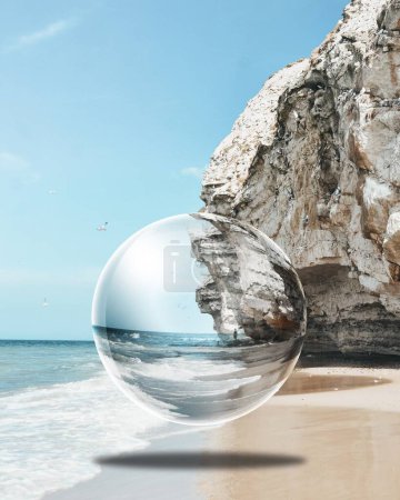 Photo for Coastal limestone cliff with seagulls at Bulbjerg in Denmark, fine sandy beach with digital glass ball, reflection - Royalty Free Image