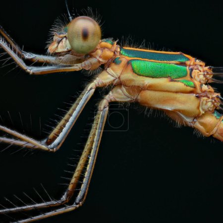 Photo for Profile view of an orange and shiny green Damselfly against a black background (Emerald Damselfly or Common Spreadwing, Lestes sponsa ) - Royalty Free Image
