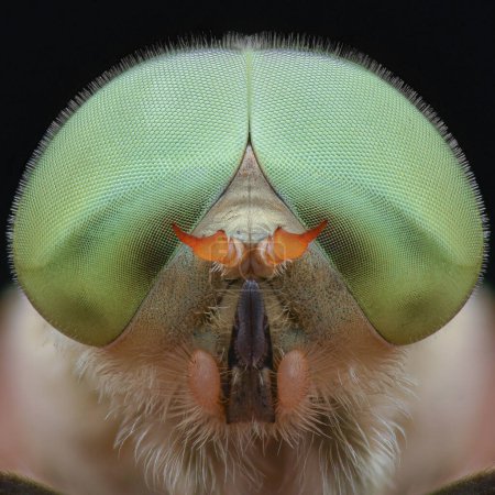 Photo for Portrait of a Horsefly with large lime green compound eyes and orange antennae, black background (Four-lined Horsefly, Atylotus rusticus) - Royalty Free Image