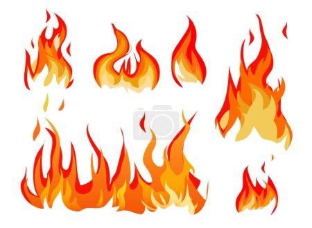 Ilustración de Juego de ilustración de vector plano de llama. Fuego, quemaduras, llamas, textura. Peligro, decoración, concepto de ignición - Imagen libre de derechos