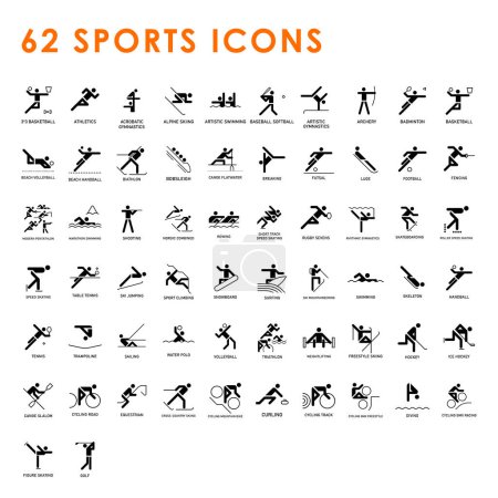 Iconos deportivos. Pictogramas aislados vectoriales sobre fondo blanco con los nombres de las disciplinas deportivas.