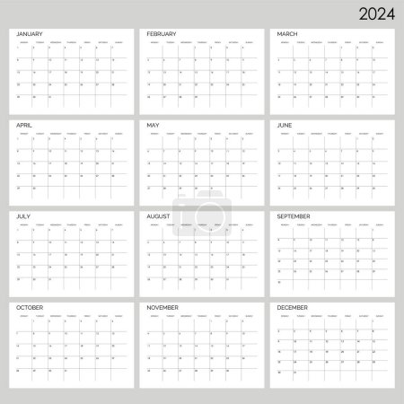 Calendrier mensuel classique pour 2024. Calendrier dans le style de forme carrée minimaliste. La semaine commence lundi. Texte anglais