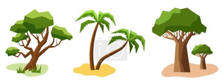 Téléchargez les illustrations : Arbres verts sur fond blanc. Palmiers, baobabs, mangroves. - en licence libre de droit
