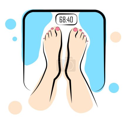 Illustration for The girl is standing on the scales. Correction of the figure. Slimming. Vector illustration - Royalty Free Image