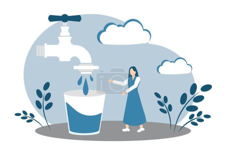 Téléchargez les illustrations : La femme recueille de l'eau dans un verre. Illustration vectorielle - en licence libre de droit