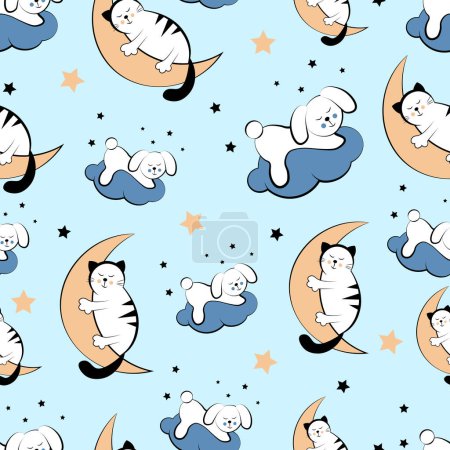 nahtloses Muster mit schlafenden Katzen und Hasen. Vektorillustration
