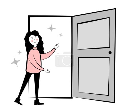Ilustración de Mujer y puerta abierta sobre fondo blanco. Bienvenida. Ilustración vectorial - Imagen libre de derechos