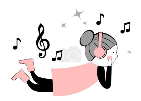 Téléchargez les illustrations : Petite fille mignonne écoutant de la musique dans les écouteurs. Illustration vectorielle - en licence libre de droit