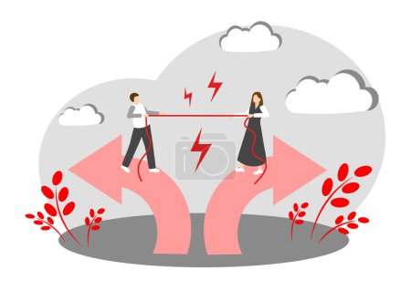 A man and a woman are arguing. Tug-of-war. Conflict situation. Argument. Vector illustration