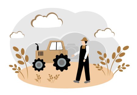 Téléchargez les photos : Concept de champ fertile avec tracteur agricole. Rassemblement. Agronomiste, agriculteur dans un champ de blé. Illustration vectorielle - en image libre de droit