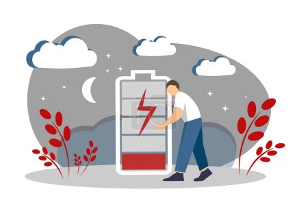 A man and a battery. The concept of the importance of good sleep. Fatigue. Insomnia. Vector illustration
