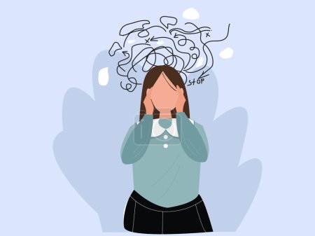 Illustration for Woman headache or anxiety attack crisis.Frustrated woman with nervous problems.Feeling confused.Anxiety of depressed woman vector concept.Deep in thought.Head touching.vector illustration. - Royalty Free Image