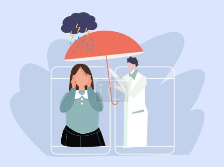 Illustration for Psychotherapist comforting her sad over the phone.women with psychological problems.Online therapy and counseling for people under stress and depression over online services.Vector illustration. - Royalty Free Image
