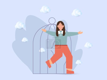 Illustration for Young woman stepping out of the cage, female is leaving the restricted area, freedom, mental rehabilitation and opening up new opportunities for personal development, vector illustration. - Royalty Free Image