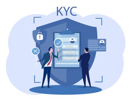 Illustration for KYC or know your customer with business verifying the identity of its clients concept at the partners-to-be through a magnifying glass Idea of business identification and finance safety. - Royalty Free Image