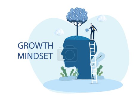 Businessman plant tree on Big head human think growth mindset concept. vector illustration
