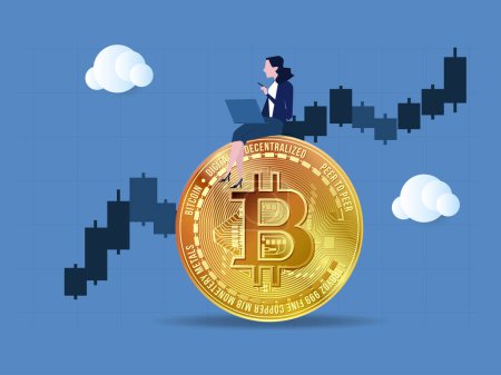 Bitcoin and cryptocurrency investing, crypto trading make profit from Bitcoin price, businesswoman investor using computer to trade crypto on big Bitcoin with candlestick price graph chart.
