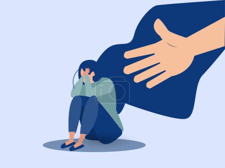 Illustration for A hand helps a woman to get rid of stress. A young female crying and covering her face. Lonely girl needs support, and care because of depression, anxiety. Mental health concept. Vector illustration. - Royalty Free Image