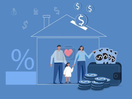 Illustration for Family buying real estate with mortgage and paying credit to bank. People save money and buy house in debt, invest money in property. House loan, rent. Home is like a piggy bank. Vector illustration. - Royalty Free Image