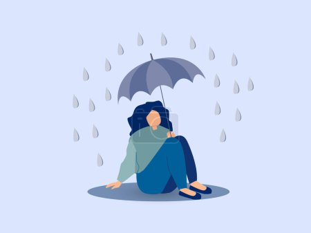 Inner world Concept. Happy woman protects herself from the rain with an umbrella with a blue sky and sun. Mental health vector concept.