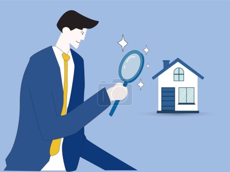 Illustration for Searching for new house, look for real estate and accommodation valuation or new rent and mortgage concept, smart businessman using magnifying glass zooming to see house or residential details. - Royalty Free Image