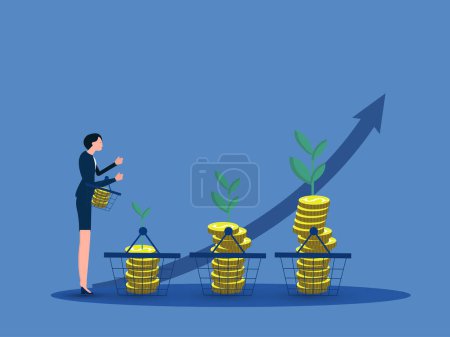 Businesswoman manage investment in basket for risk Finance Balance with buying investment increases in financial markets and mutual funds, Risk Management Strategy.  Vector illustrator.