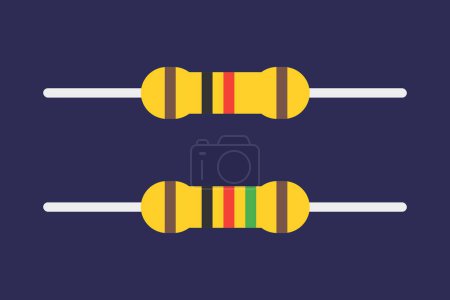 Illustration for Flat vector resistor icons on a dark background, including detailed 4-band and 5-band color-coded resistor illustrations. - Royalty Free Image