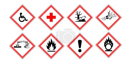 Eine Reihe von Gefahrenschildern. Warnschilder auf weißem Hintergrund. Symbolvektor für gefährliche Materialien. Vektorillustration.