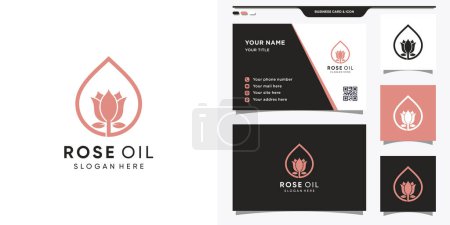Téléchargez les illustrations : Logo rose combiné avec des gouttes d'huile. Logo élégant et design de carte de visite Premium Vector - en licence libre de droit