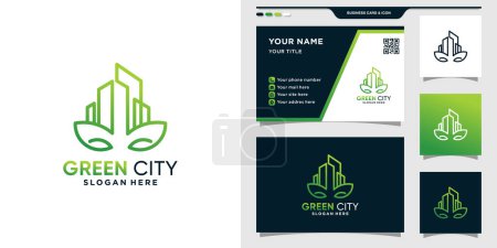 Téléchargez les illustrations : Logo du bâtiment avec style linéaire. Logo de la ville verte et design de carte de visite Premium Vector - en licence libre de droit