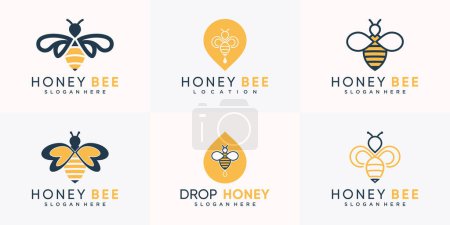 Ilustración de Conjunto de logotipo de abeja combinado con pin y estilo de gota de agua, diseño de logotipo de abeja Miel Vector Premium - Imagen libre de derechos