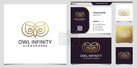 Téléchargez les illustrations : Logo hibou et infini avec un style linéaire doré et un design de carte de visite Premium Vector - en licence libre de droit