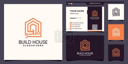 Illustration for House building logo with hammer and wrench in linear style and business card design Premium Vector - Royalty Free Image