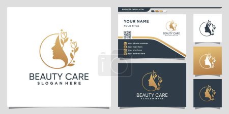 Illustration for Beauty woman logo with flower in linear style and business card design Premium Vector - Royalty Free Image