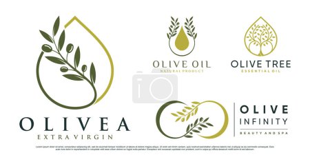 Téléchargez les illustrations : Ensemble d'illustration vectorielle de conception de logo d'olivier et d'huile avec élément créatif Premium Vector - en licence libre de droit