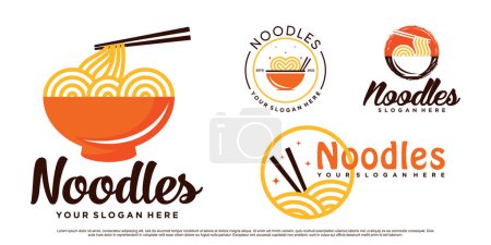 Conjunto de ilustración de diseño de logotipo de fideos para icono de ramen con cuenco y concepto creativo Premium Vector