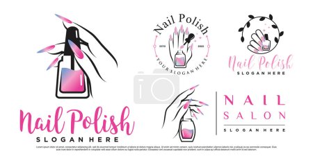 Set Nagellack oder Nagelstudio Logo Design für Maniküre-Salon mit Frauenhänden Premium Vector