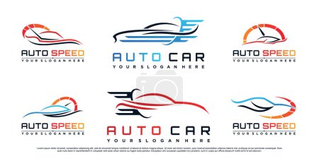 Téléchargez les illustrations : Ensemble de logo de voiture ensemble de conception pour l'automobile avec icône du compteur de vitesse et concept créatif - en licence libre de droit