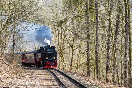 Téléchargez les photos : Vieille locomotive à vapeur dans les montagnes du Harz en Allemagne conduisant à travers la forêt - en image libre de droit