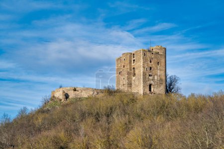 Photo for A view of Arnstein Castle in winter with dark clouds in the sky - Royalty Free Image