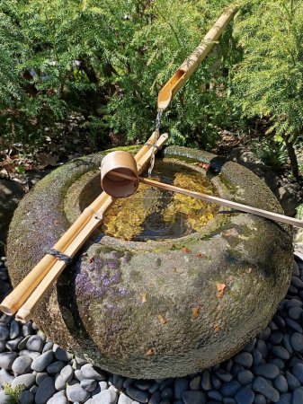 Photo for Stone wash basin for Japanese garden decoration, portrait orientation - Royalty Free Image