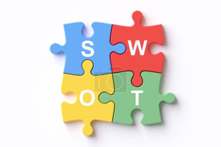 Photo for SWOT jigsaw puzzle on white background. concepts of business and education for analysis and search of the strengths, weaknesses, opportunities and threats of the organization with marketing - Royalty Free Image