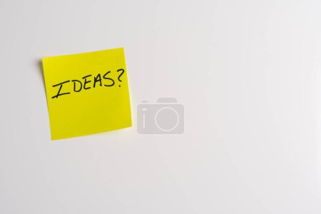 The word Ideas on a yellow sticky note posted on an isolated white background