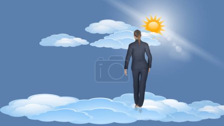 Photo for 3d illustration. Woman suspended on the clouds towards the future, the sky, the infinite. - Royalty Free Image