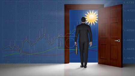 Photo for 3d illustration. Businessman in front of open door from which the future can be seen, represented as bright sky, is walking towards success in economics and finance. - Royalty Free Image