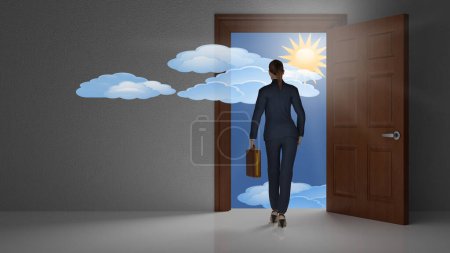 Photo for 3d illustration. Business woman in front of open door from which the future can be seen, represented as bright sky, is walking towards success in economics and finance - Royalty Free Image